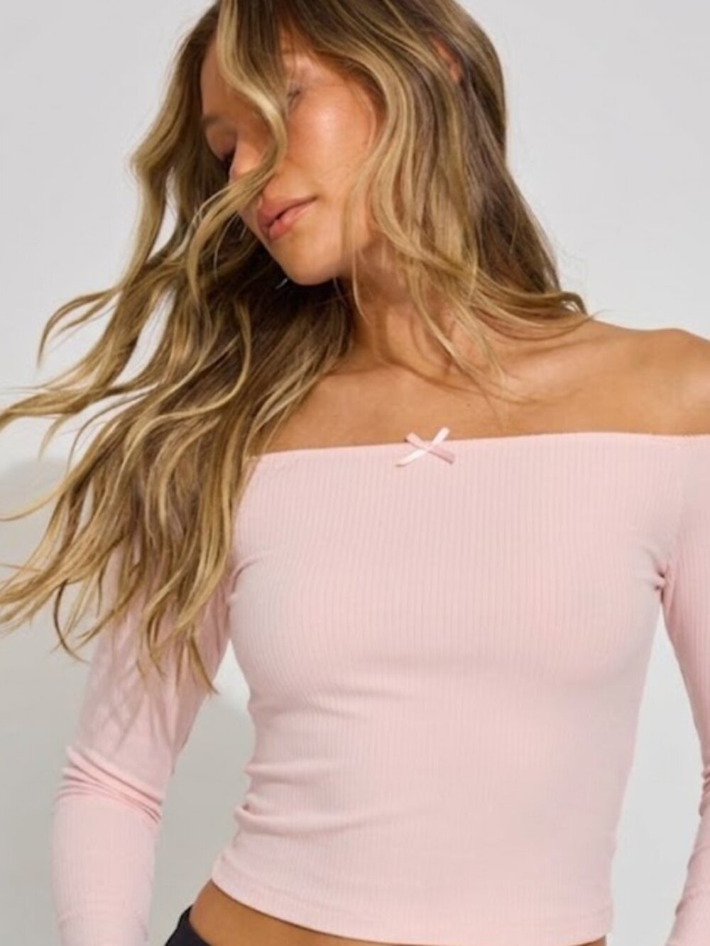 Garage Ballet Pink Ribbed Off The Shoulder Long Sleeve Crop Top in size XS